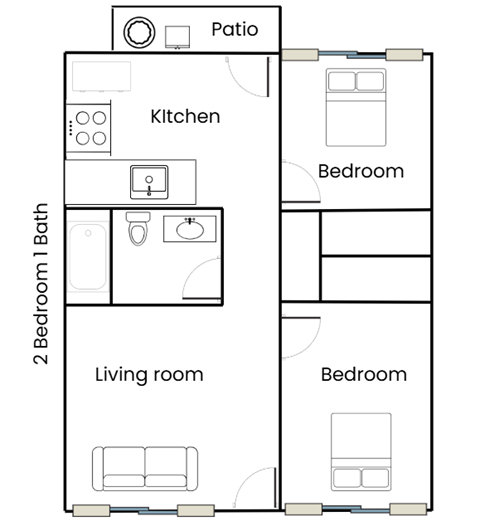 Floor plan for 2 beds, 1 bath, 600 sqft